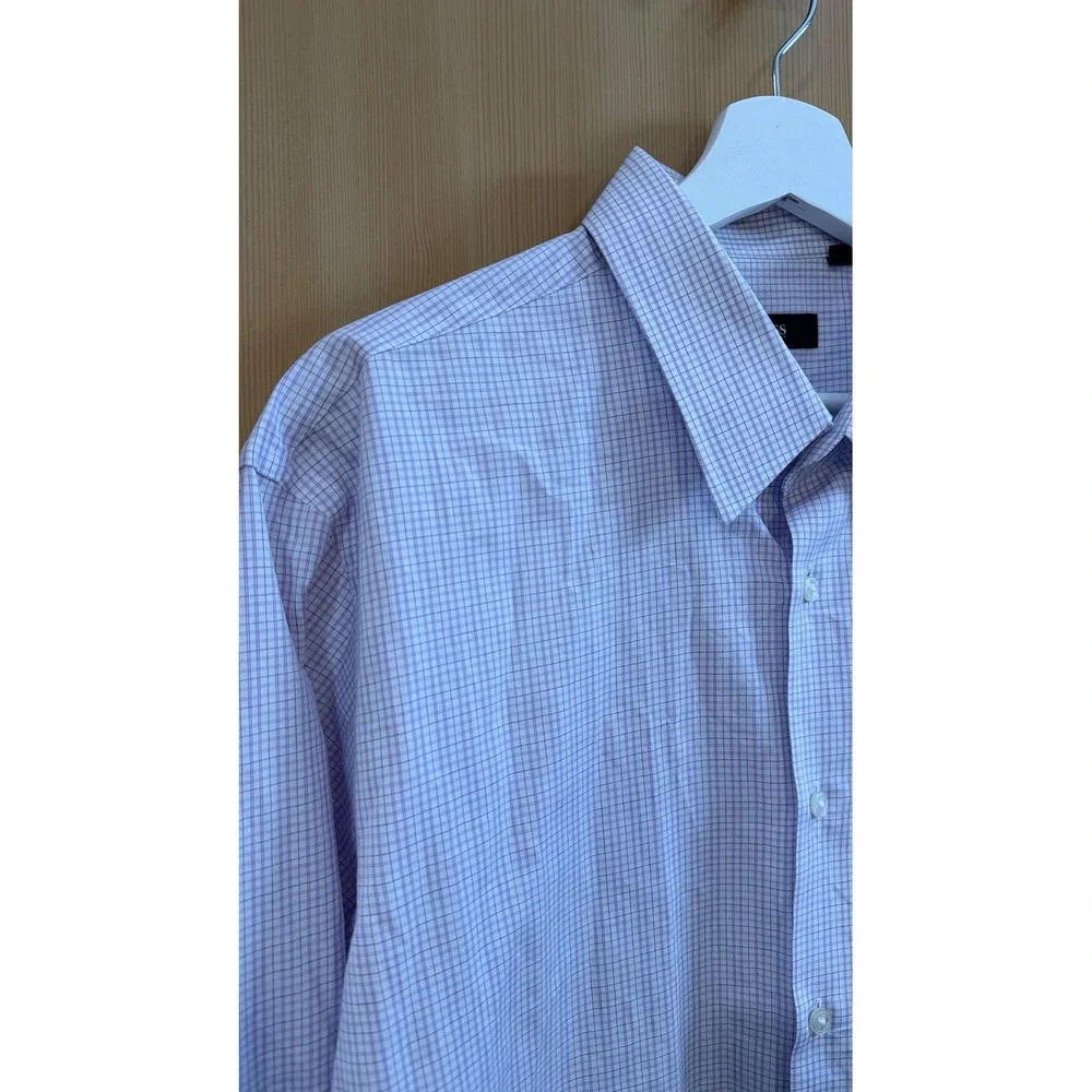 Hugo Boss Mens Purple White Micro Check Button Down Shirt 17.5 34/35 Long Sleeve